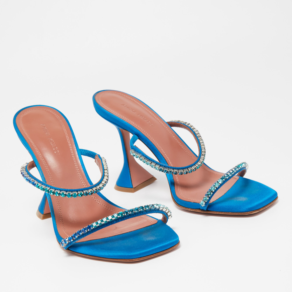 Amina Muaddi Blue Satin Crystal Gilda  Sandals Size 37.5 - Picture 3 of 8
